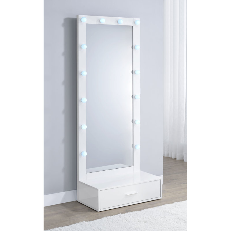 Spector 1-drawer Lighted Full-Length Floor Mirror White High Gloss, White