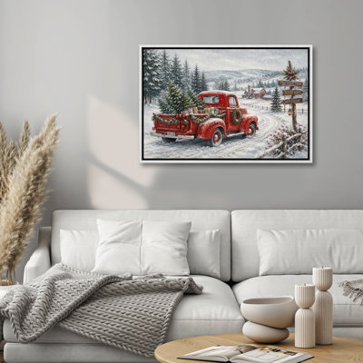 Red Vintage Truck Christmas Tree Snowy Farm Decor Framed Print Wall Art