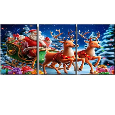 90*60，3PCS christmas decorations for home wood frame canvas wall art -Santa and reindeer in sleighmodern art prints, bright aesthetic decoration for living room.