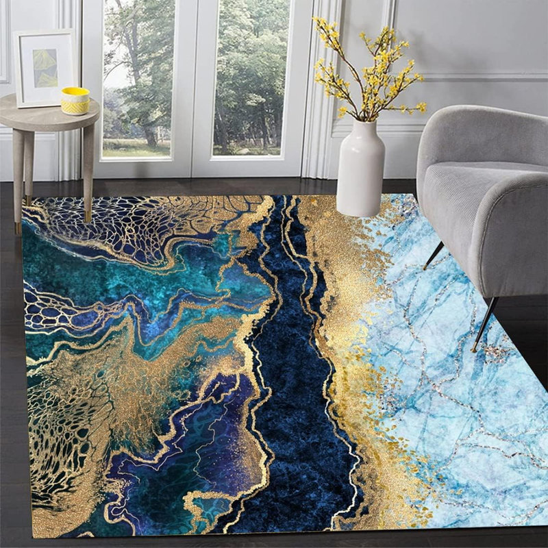 Tapis rectangulaire à texture de marbre rectangulaire de 5 pi x 7 pi - Abstrait moderne, bleu, gris et doré
