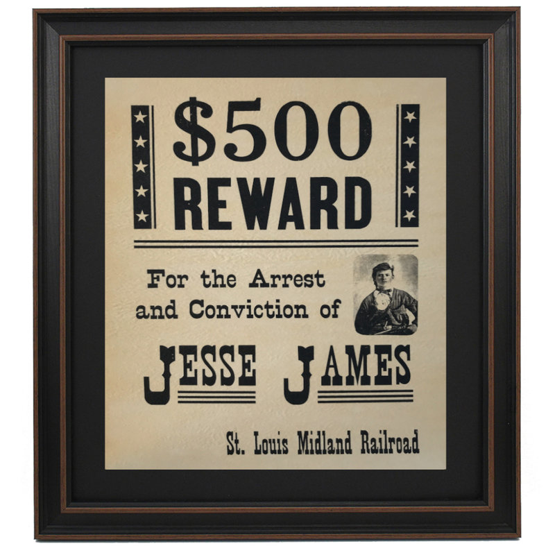 Affiche de recherche de Jesse James | Reproduction d'art textuel encadrée sur parchemin antique