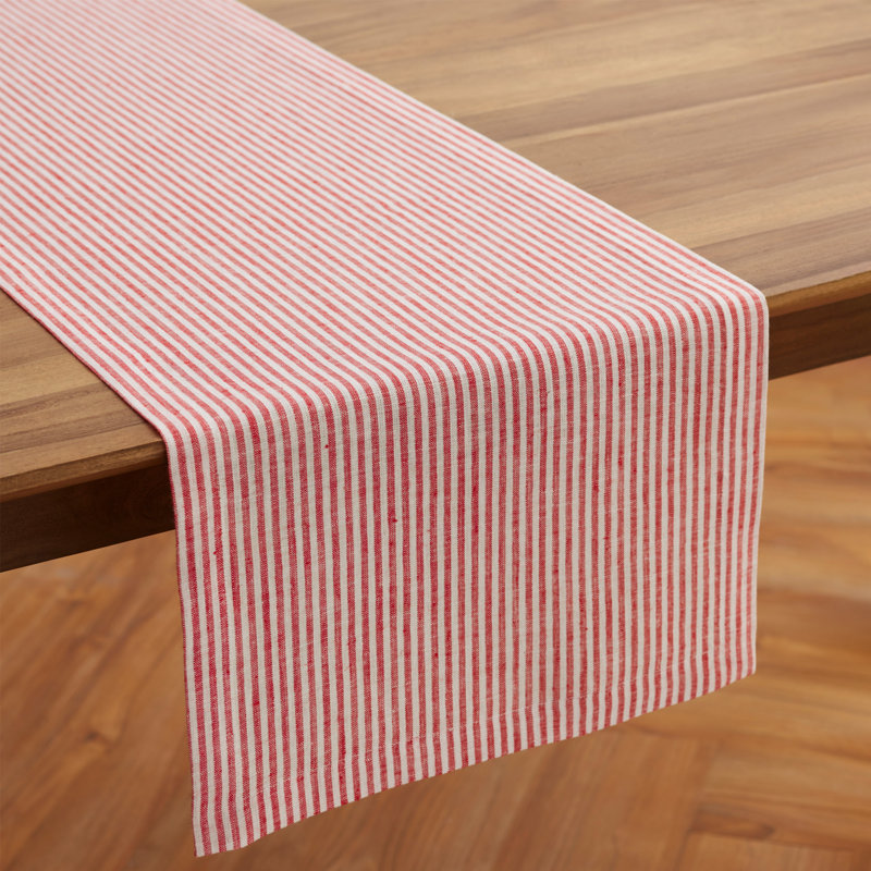 Narrow Stripe - 100% Pure Linen  Table Runner, 132" x 14", Red/White