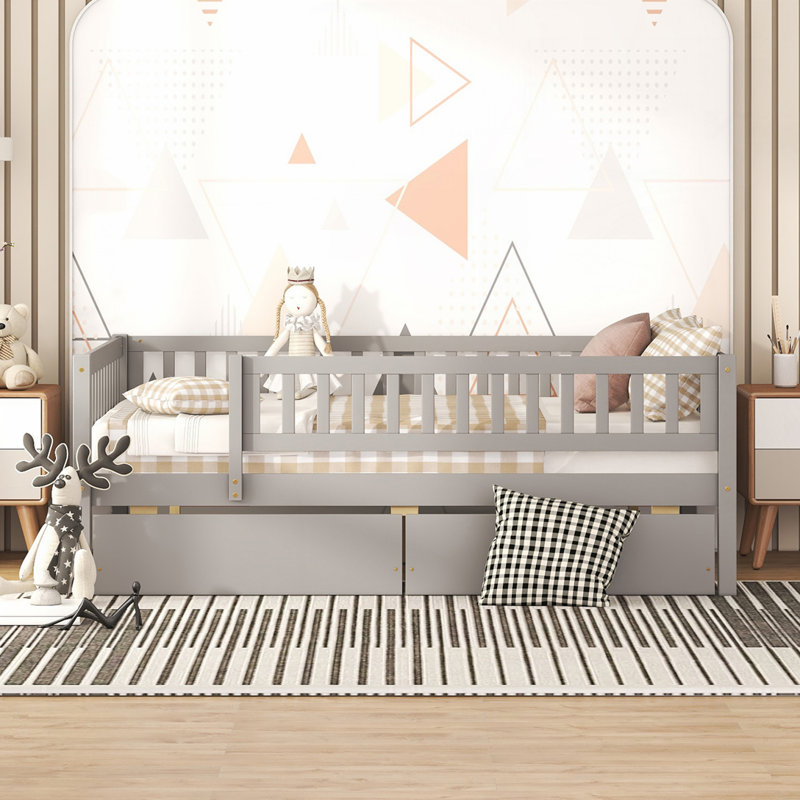 Lit en bois avec 2 tiroirs, gris, Complète