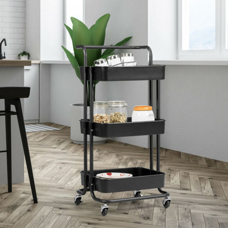 Black 3-Tier Metal Rolling Utility Cart with Casters