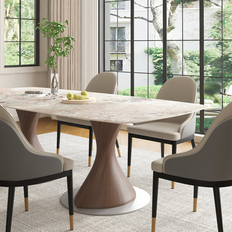 Table de salle à manger rectangulaire de style moderne du milieu du siècle, grande taille (94 po), en pierre frittée brillante, avec double pied central et chaises rembourrées (6/8/10/12 personnes).