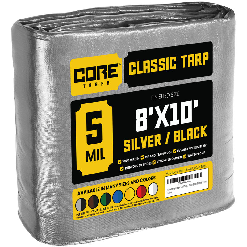 Housse de bâche Classic 5 mil 8 pi x 10 pi, argentée / noire, imperméable, résistante aux rayons UV, à l'épreuve des déchirures et des déchirures, bâche en poly avec bords renforcés pour toit, patio, couverture de piscine, bateau