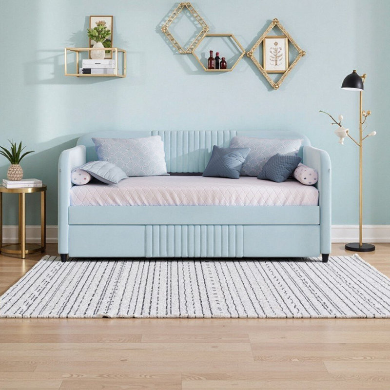 Light Blue Velvet Twin Daybed Sofa with Trundle & Wood Slats - Underbed Storage, Space-Saving Sleeper, Light Blue