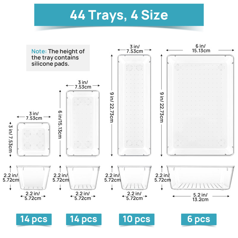 Ensemble de 44 organisateurs de tiroir en plastique transparent, 4 plateaux de rangement polyvalents pour salle de bain et coiffeuse, 4 contenants de rangement antidérapants pour le maquillage, les bijoux, la chambre à coucher, les ustensiles de cuisine
