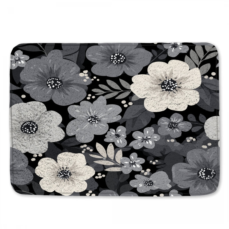 Tapis de bain floral, Simple - L 21 po x l 34 po, Noir / floral 1