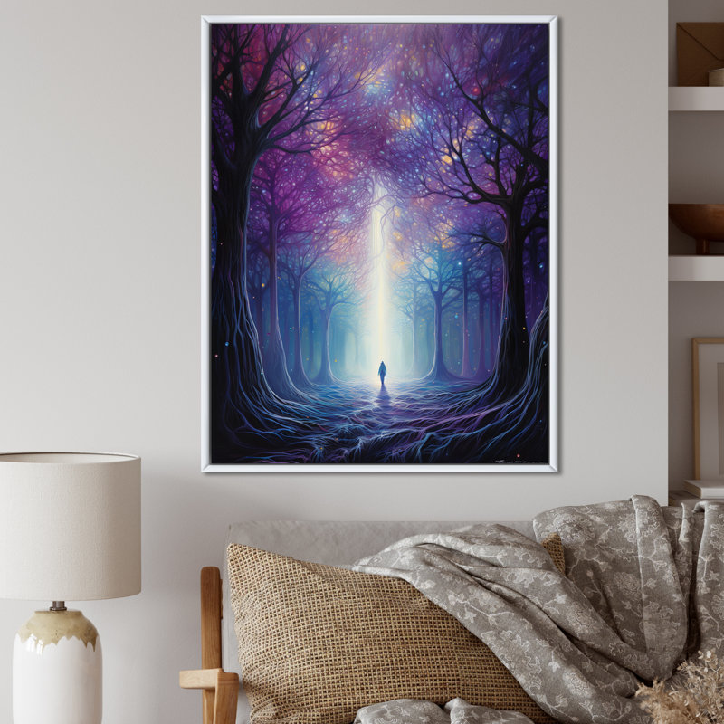 «Man Walking Alone Mystical Forest» sur toile, Cadre flottant blanc, 32" H x 24" W