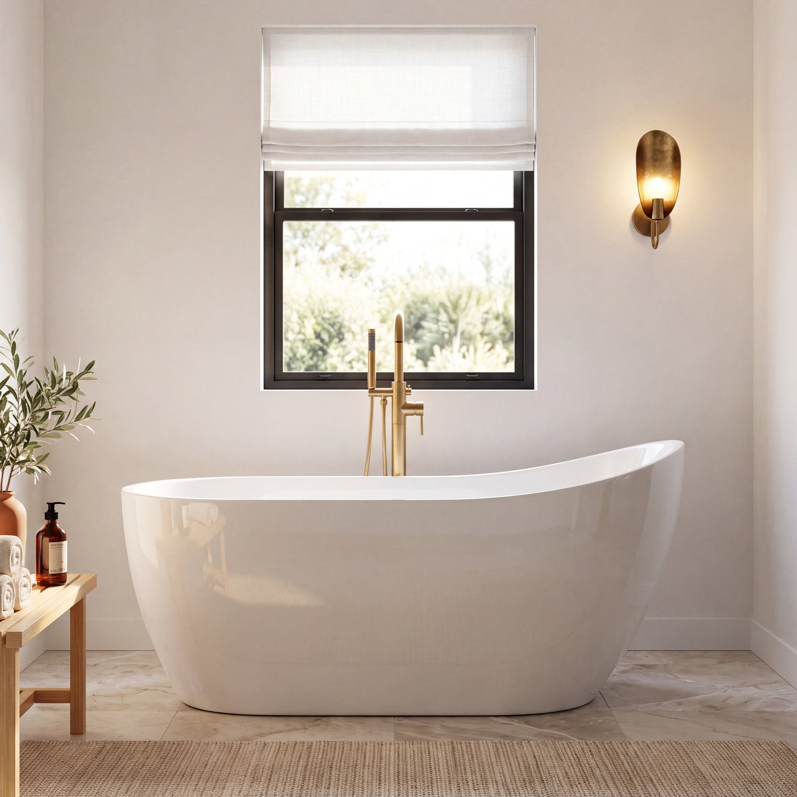 Aether 59" Single Slipper Soaking Bathtub, White/Brushed Gold