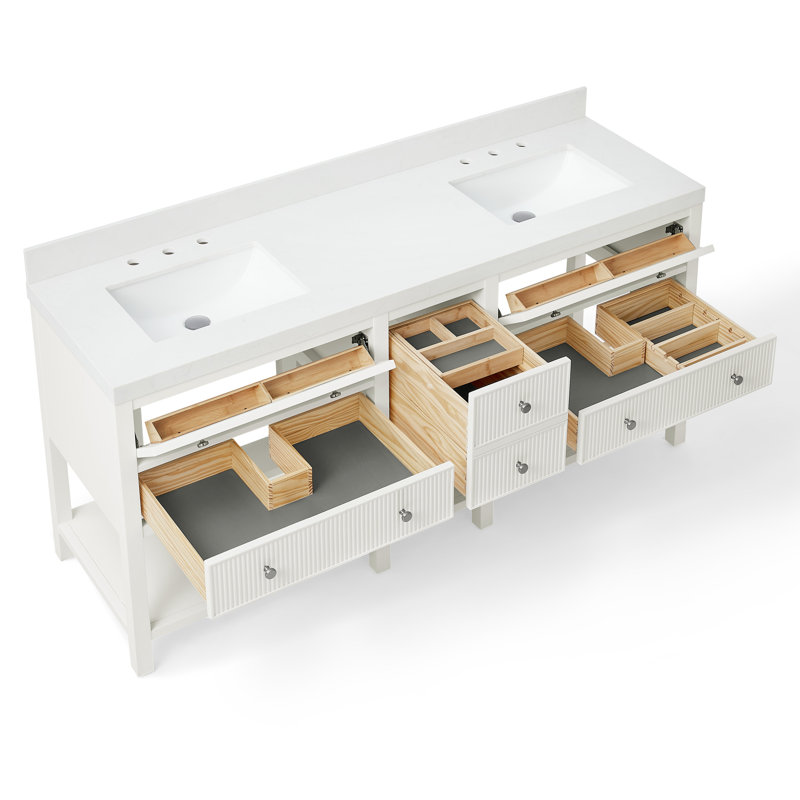 Ensemble de meuble-lavabo à double cuve en bois massif avec comptoir Thassos blanc 2 po Capri, Blanc classique, 60"