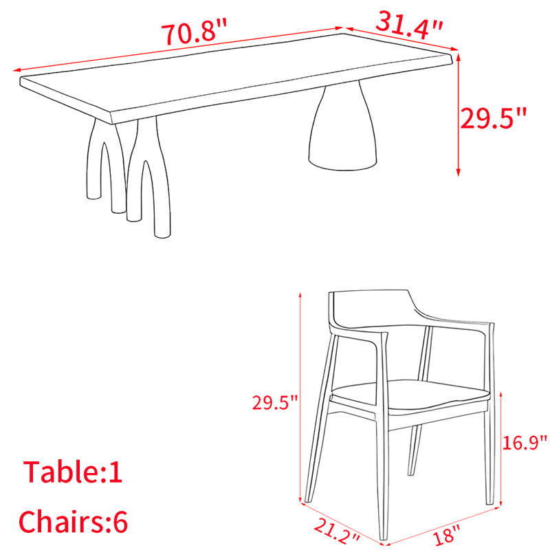 Ensemble de table de salle à manger en bois massif de style américain., H 29,5 po x L 70,8 po x l 31,4 po