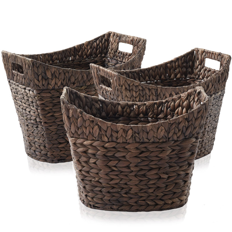 Set of 3 Water Hyacinth Oval Baskets - Espresso, Woven Laundry Totes