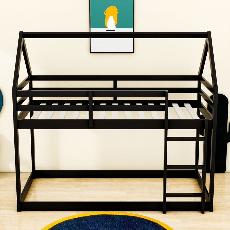 Twin Over Twin  Wood House-Shaped Floor Bunk Bed With Ladder And Guardrails, Black