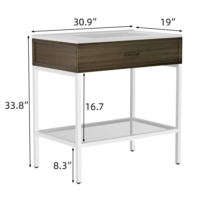 30" Bathroom Vanity With Resin Sink,Stainless Steel Frame With Tempered Glass Open Shelf, White