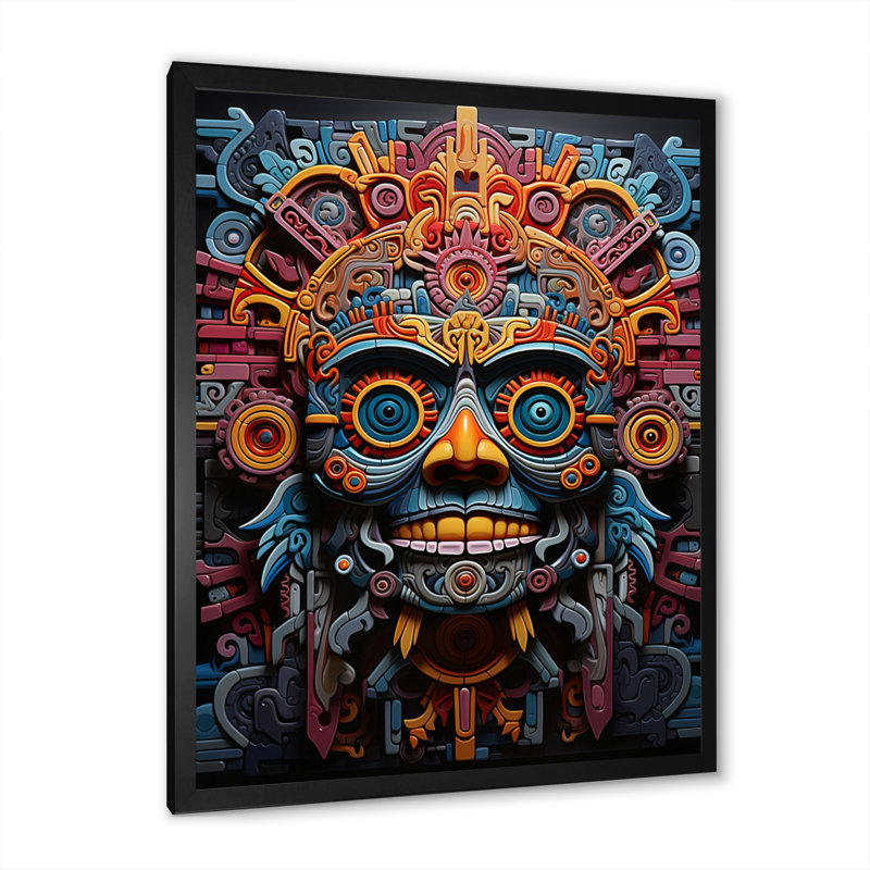 «Albali Teal Orange Mexico Vibrant Aztec Mask», art mural Mexique encadré, Cadre simple noir, H 20 po x l 12 po x P 1 po