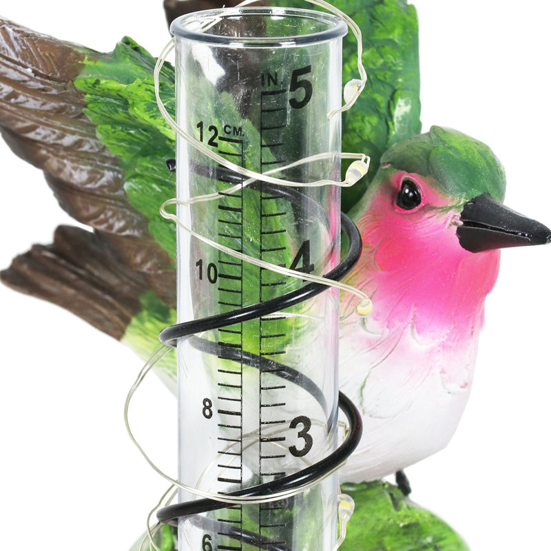 Solar Pink Flower and Hummingbird Garden Rain Gauge with LED Lights