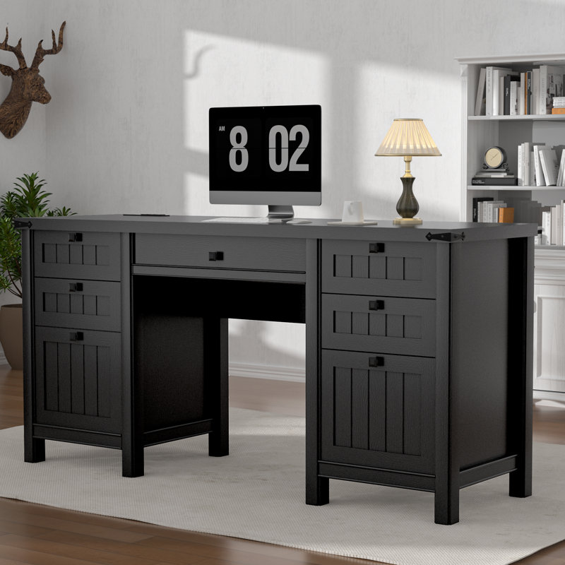Computer Desk with Built-In Electrical Outlet, Black