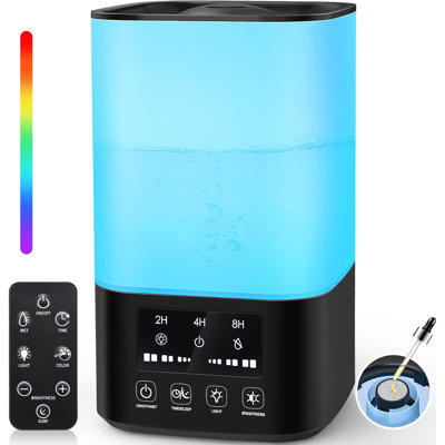 Humidificateurs pour chambre à coucher, humidificateurs à brume fraîche pour grande pièce, humidificateurs à remplissage supérieur 3L pour chambre de bébé à domicile, télécommande, buse à 360 °, arrêt automatique, mode veille, 3 niveaux de b
