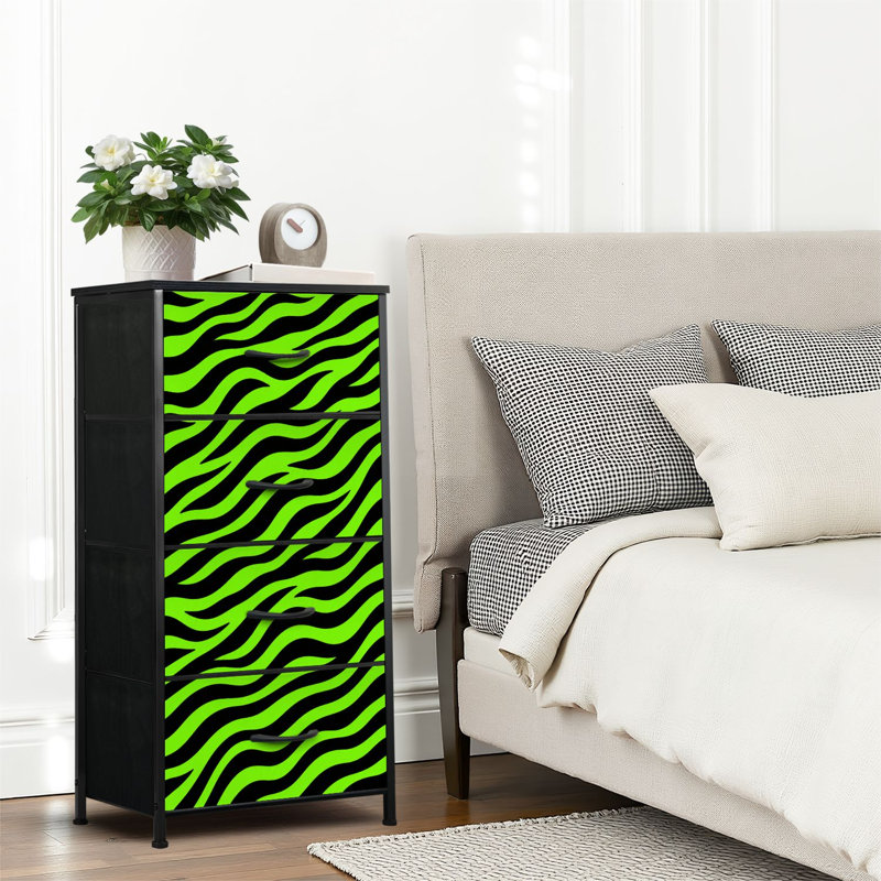 4-Drawer Dresser for Bedroom Neon Green Black Tiger Stripe for Bold Graphic Design Small Tall Clothes Dresser for Closet Organizers with Chest of Drawers Fabric Storage Bins Dressers