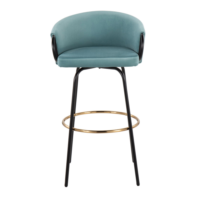 Josie 30" Fixed-Height Bar Stools with Black Metal Legs & Gold Footrest, Light Blue