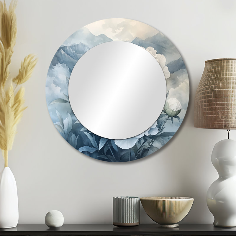Pivoines dans les montagnes brumeuses I - Art mural miroir décoratif floral - imprimé sur métal, 23 po x 23 po