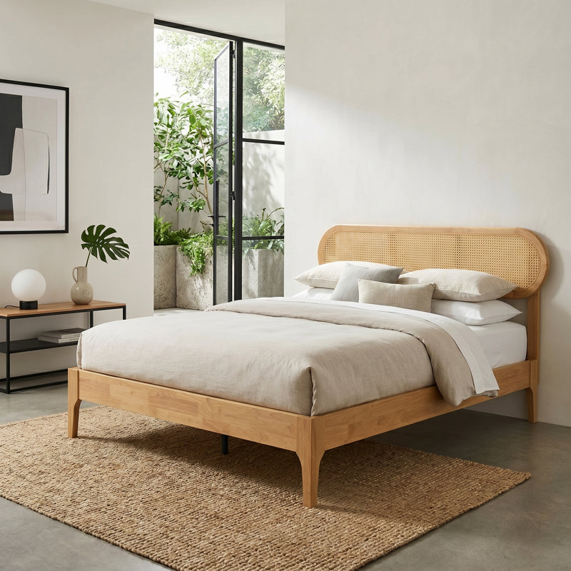 Caneva Full Size Scandinavian Solid Wood Platform Bed Frame, CAB-41-F, with Rattan Headboard, Honey Oak, No Box Spring Needed