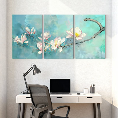 Magnolia Magnolia fleurs sur une branche avec fond doux, ensemble de 3 impressions d'art sur toile