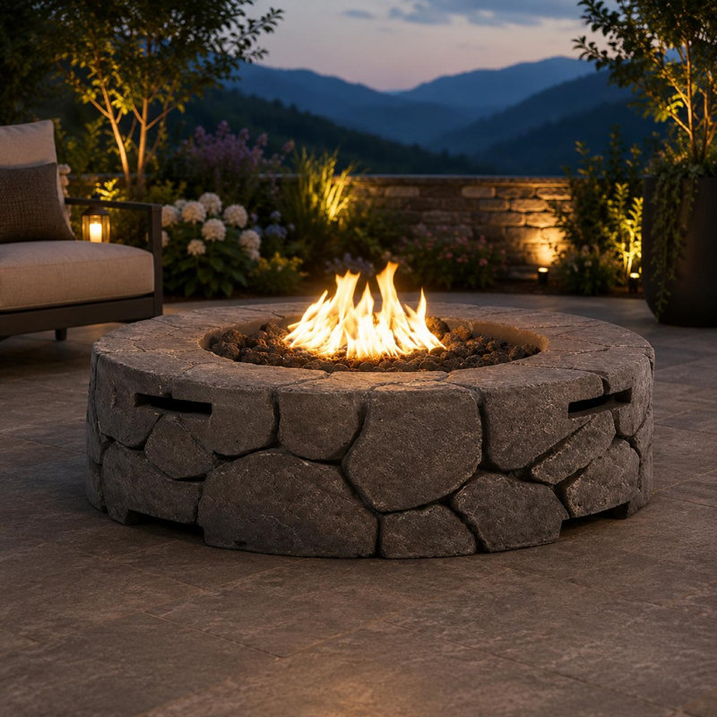 Fehime Round Concrete Propane Smokeless Fire Pit, White Stone 