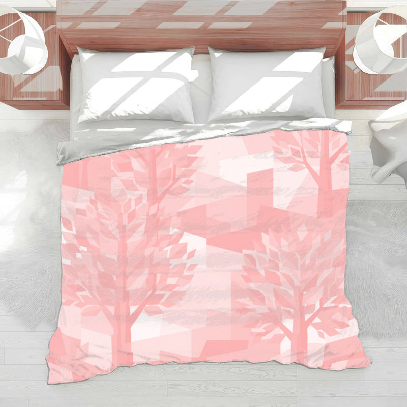Couverture illustrée d'arbres géométriques, Lit simple, Light Pink White