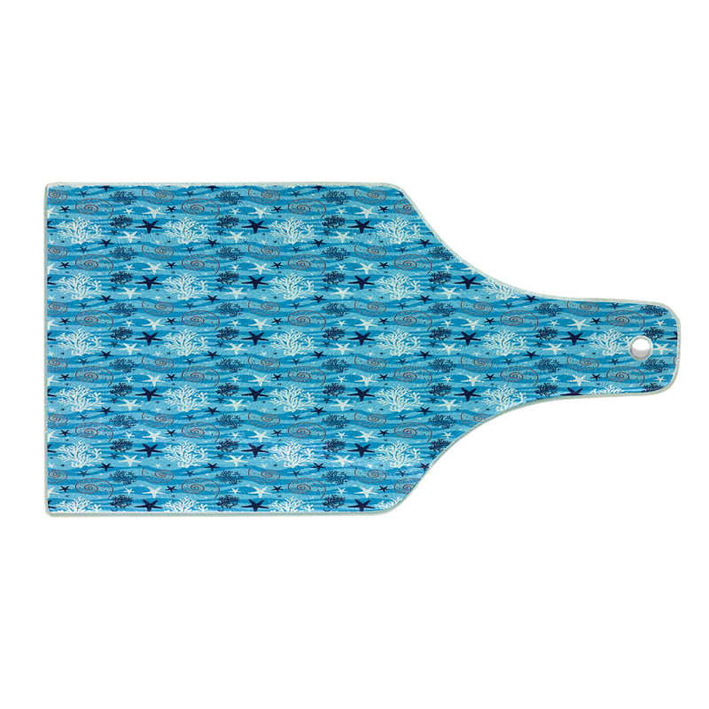 Ambesonne Sea Shells Tempered Glass Cutting Board Starfish and Scallop Blue Dark Blue White