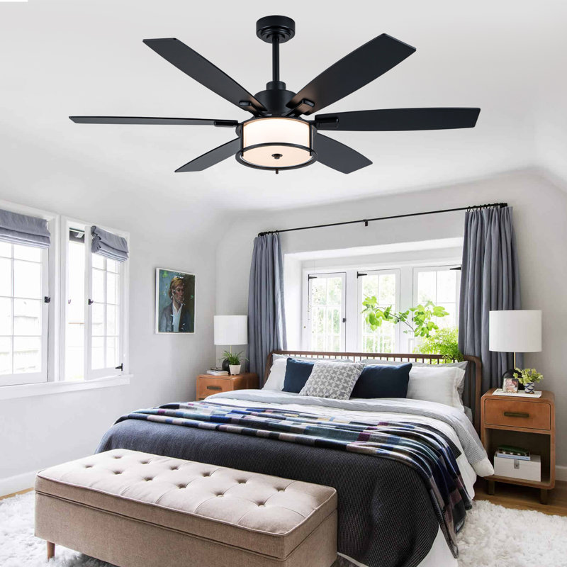 60" Matte Black 6-Blade Boho Ceiling Fan with Light and Remote/APP Control, 6 Speed Reversible Farmhouse Ceiling Fan with Fabric Shade for Living Room