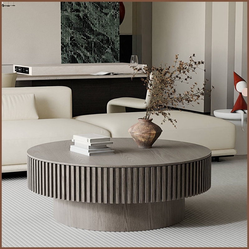 Table basse ronde en MDF avec rangement, H 14 po x L 31,5 po x l 31,5 po, Gris