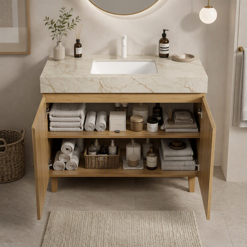 Meuble-lavabo autoportant de 91 cm (36 po) avec comptoir en pierre frittée couleur crème veinée or, lavabo en céramique et un trou pré-percé pour robinetterie.