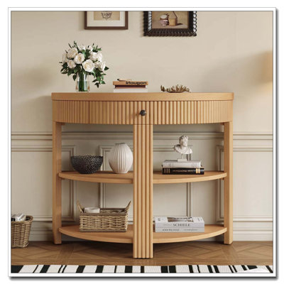 Console cannelée demi-lune avec tiroir et tablettes