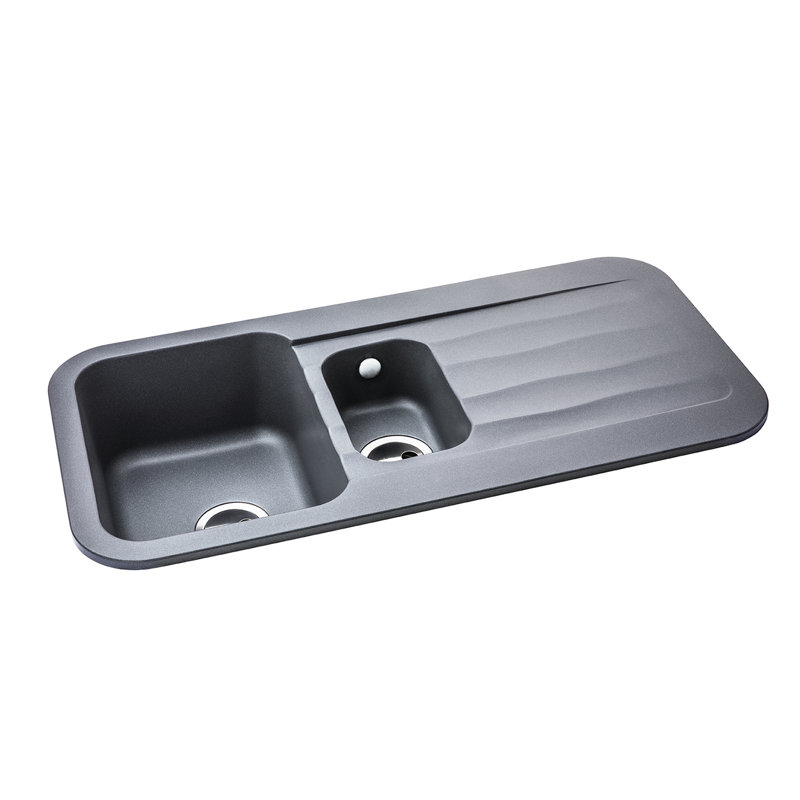 Abode Designs Dune 500mm W Double Bowl Granite Kitchen Sink with 2 Faucet Holes, Grey