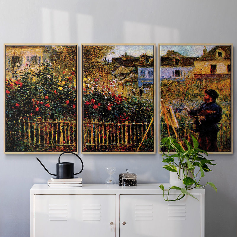 Monet, peinture dans son jardin à Argenteuil, reproduction sur toile 3 pièces, H 36 po x l 75 po x P 2 po, Naturel