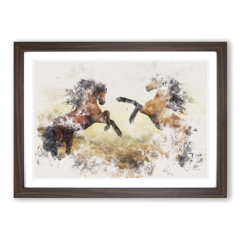 Two Wild Stallion Horses - Single Picture Frame Print on MDF, Walnut, 62cm H x 87cm W x 2cm D