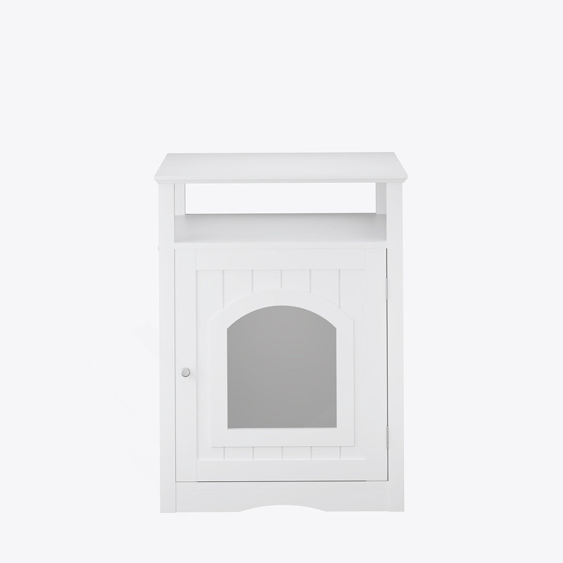 Enceinte de litière moderne en bois avec tablette de rangement et armoire cachée pour l'intérieur.
