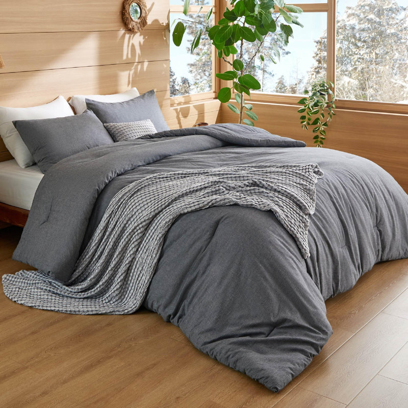 Cozy Winter Collection Bedsure 5 Pieces Cotton Comforter Set with Cotton Waffle Throw Blanket, Dark Grey