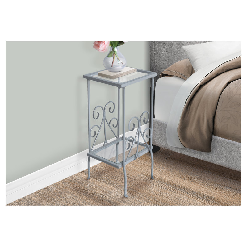 Table d'appoint en verre trempé - table d'appoint en métal gris avec tablette à deux niveaux, table de bout élégante à volutes pour salon et chambre à coucher