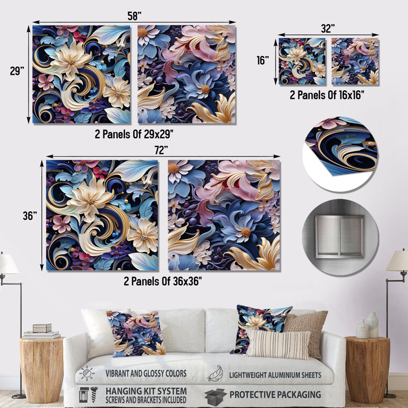 Krenwik - Ensemble de 2 carrés à motif floral en métal, H 16 po x l 32 po