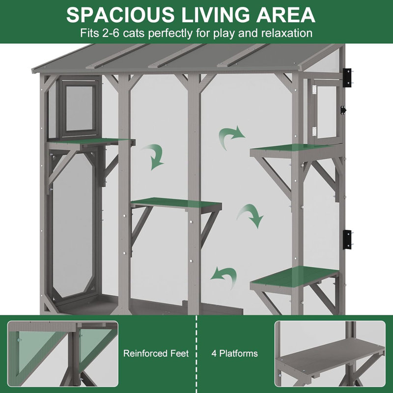 Cat Catio, Expandable Window Box Enclosure for Multiple Indoor Cats, Comfortable Wooden Small Pet Perch House, All-Weather Use, Keep Bugs Insects Out, with 4 Platforms and 3 Doors