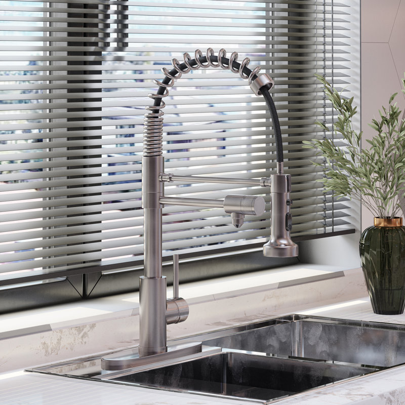 Robinet de cuisine rétractable à poignée simple avec distributeur de savon, Nickel brossé