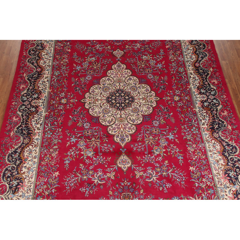 Tapis rouge en laine noué à la main de conception unique de style années 1980 de 9 pi 6 po x 12 pi 11 po Saveena