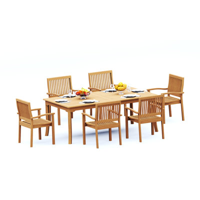 7 Pcs Grade-A Teak Wood Dining Set: 83" Rectangle Table And 6 Leveb Stacking Arm Chairs #11LV1806