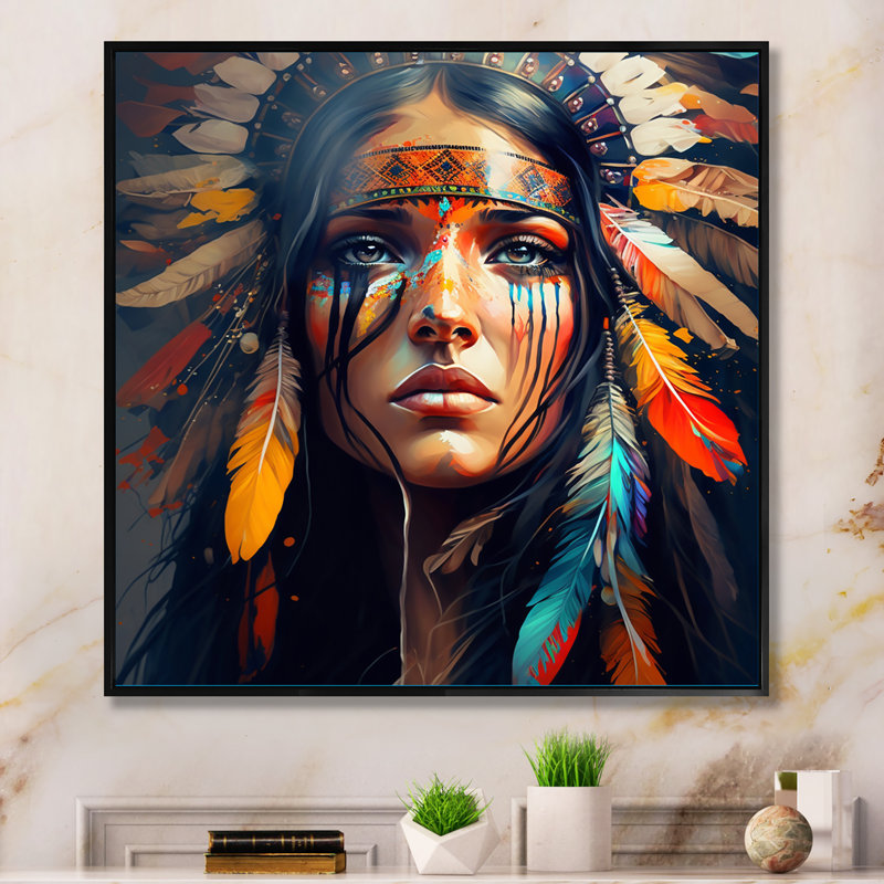 «Colorful Native American Woman VI», impression sur toile, H 36 po x l 36 po x P 1,5 po, Toile avec cadre flottant noir