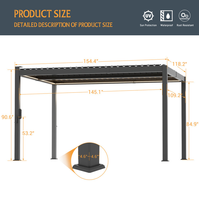 LED-Equipped Full Aluminum Pergola with Adjustable Rainproof Louvers and Concealed Water Drainage for Patio