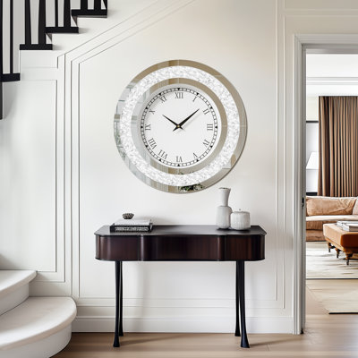 Kindalyn Round Mirrored Wall Clock with Crushed Diamond Inlay